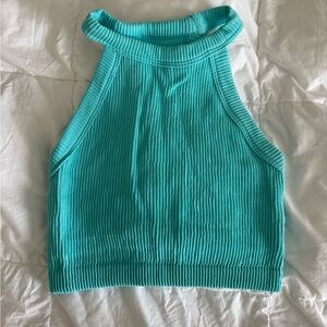 aerie Ribbed High Neck Active Tank in Aqua Teal